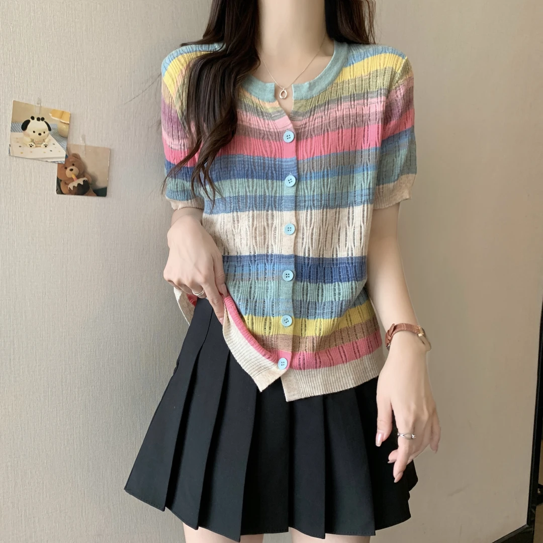 大码胖mm彩虹条纹针织开衫短袖女夏季宽松薄款高级感显瘦短款上衣