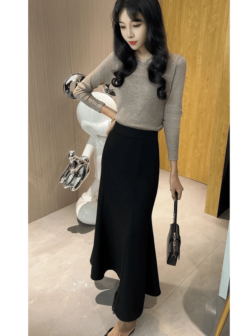 【2个裙长】安哥拉红秋冬半身裙显瘦气质女人高腰鱼尾裙中长款#0526