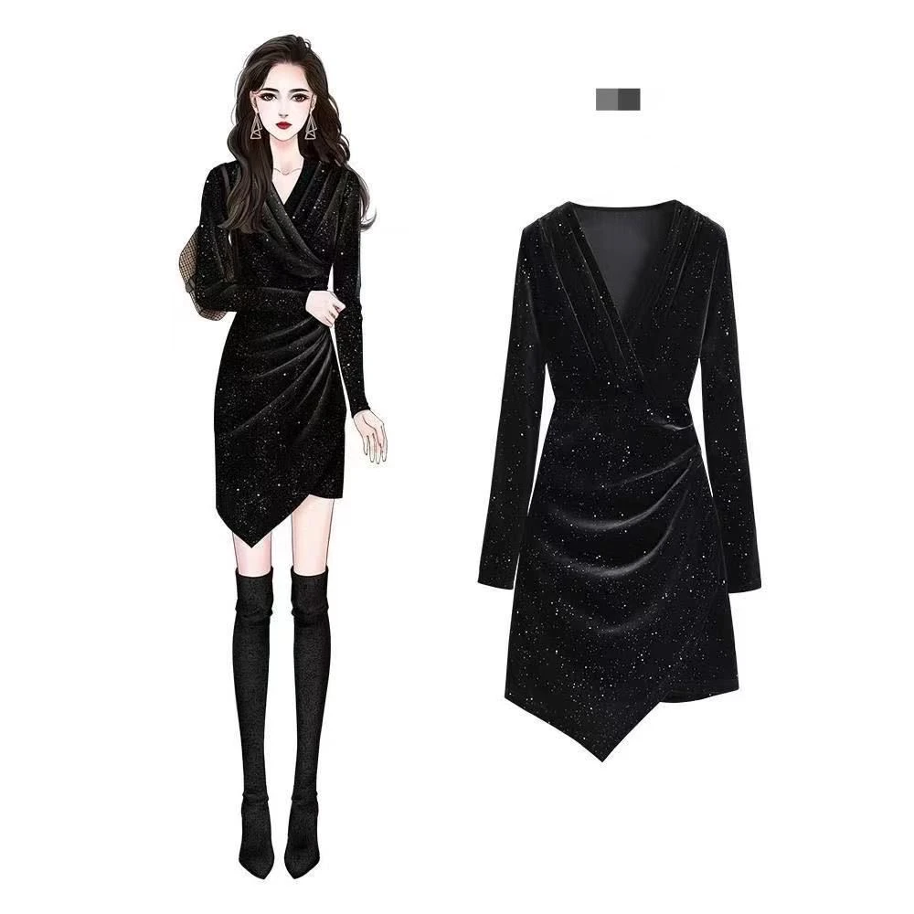 依百佳服饰 黑色时尚 款连衣裙修身 圆领 显瘦 长袖 黑色 收腰