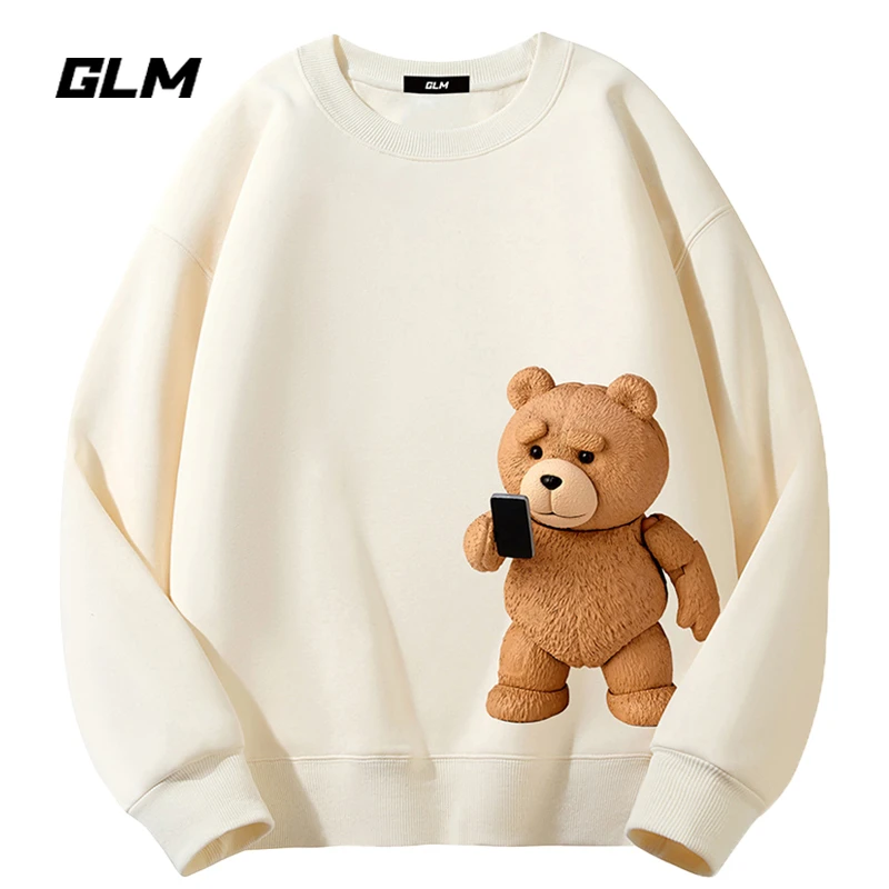 GLM春秋季休闲男士圆领卫衣外套宽松长袖T恤打底衫加绒时尚衣服男