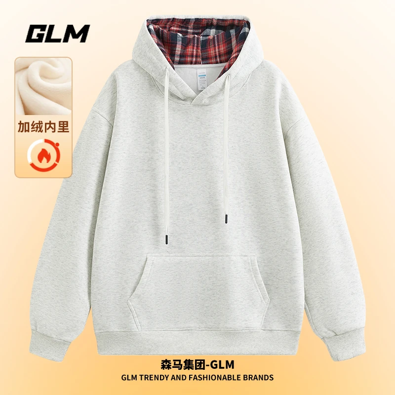GLM冬季男士连帽运动百搭情侣卫衣加绒加厚休闲套头帽衫长袖T恤潮