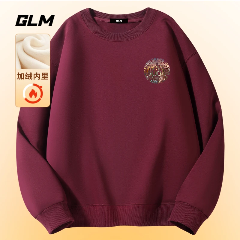 潮牌GLM冬季酒红男士圆领休闲卫衣宽松长袖T恤印花打底衫衣服男装