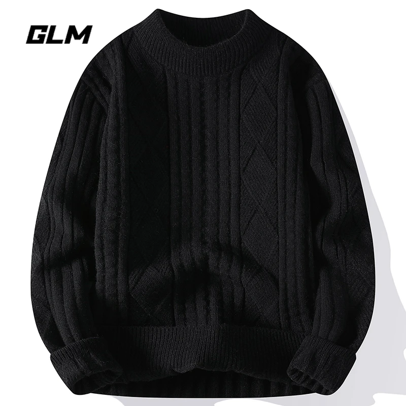 集团品牌GLM冬季新款男士圆领毛衣潮牌美式针织衫保暖纯色衣服男