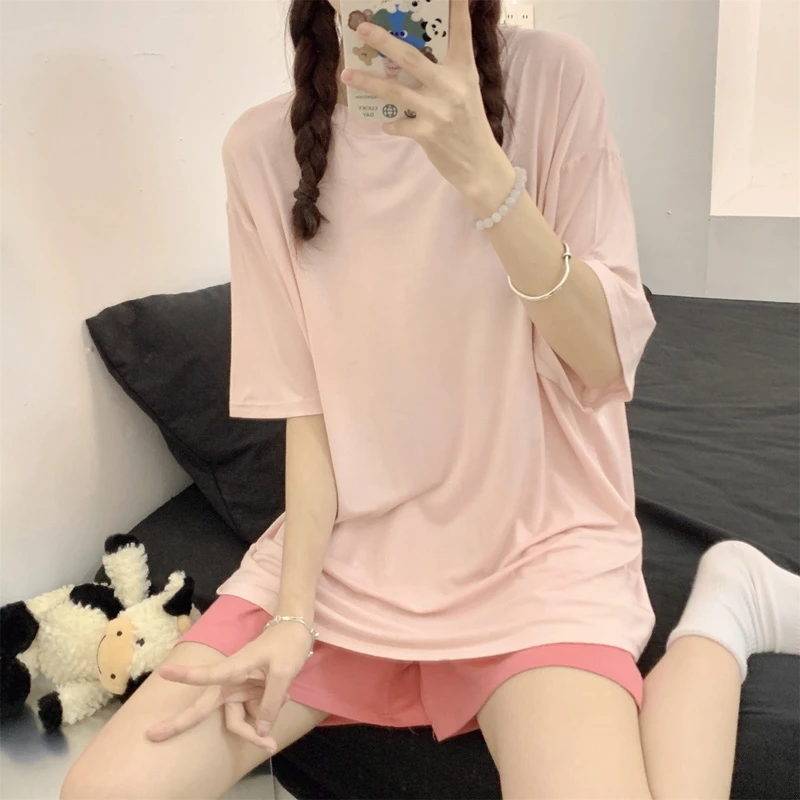 带胸垫女睡衣夏季2025新款短袖莫代尔棉薄款休闲纯色家居服套装