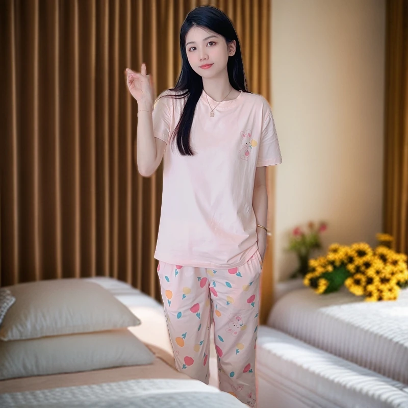 七分裤纯棉睡衣女夏季短袖薄款韩版甜美女士休闲家居服套装可外穿