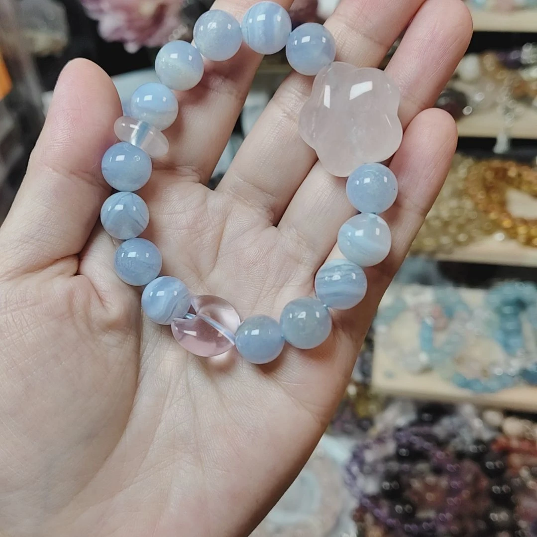 水晶手串未镶嵌天然蓝纹玛瑙粉水星星月亮手串