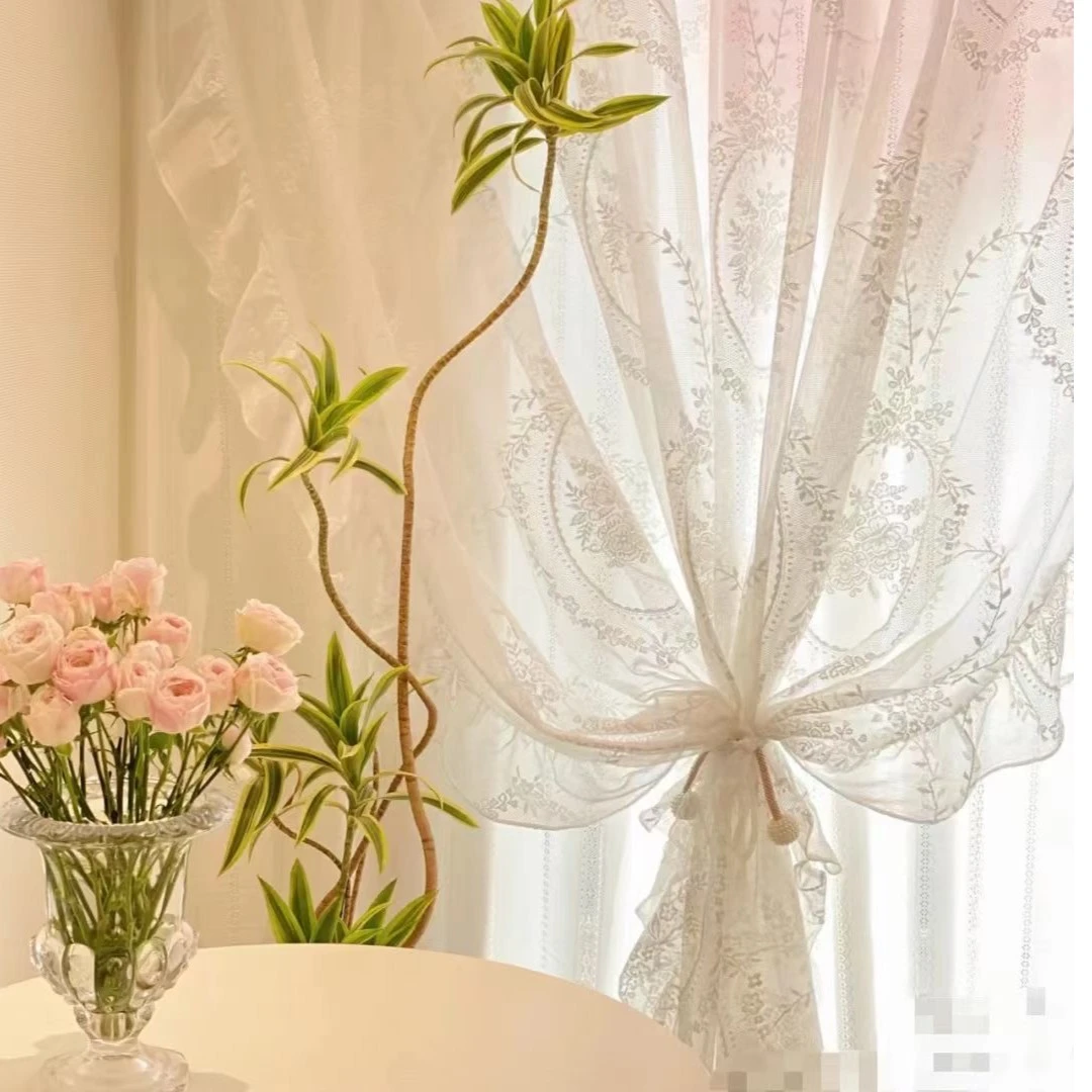 【加厚挂钩款】爱丽丝刺绣窗帘纱3面花边法式复古卧室蕾丝网红纱帘