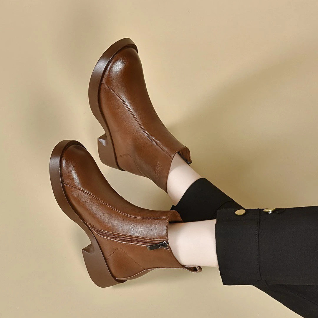 短靴平底圆头侧拉链冬短筒单靴春秋秋冬英伦风百搭粗跟SN5695