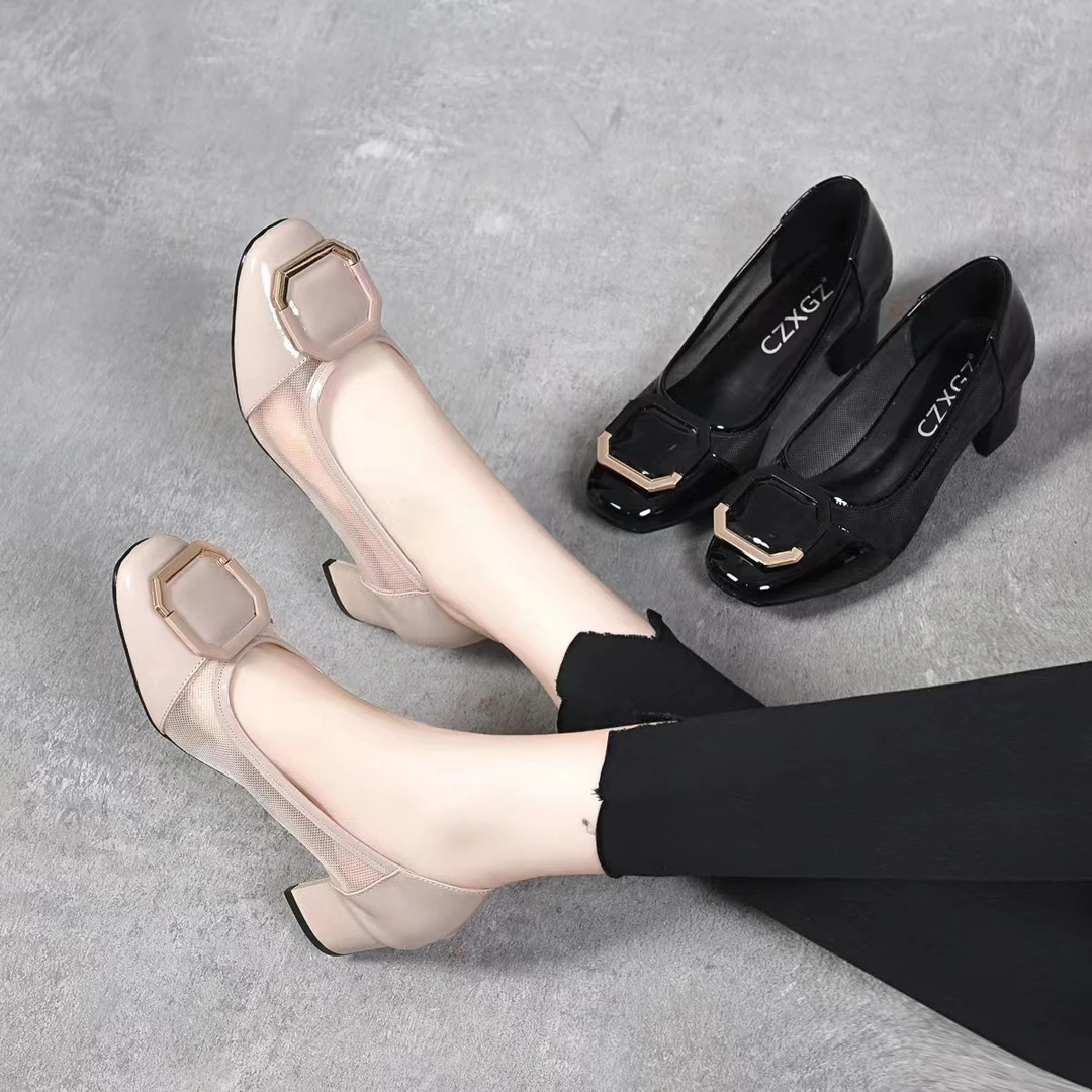 N春夏新款网纱软底粗中跟时尚百搭浅口方头女士小单鞋女鞋FX7005