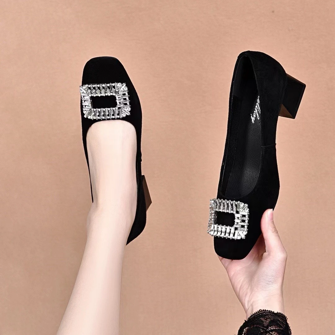 N2024春夏新款羊皮真皮百搭粗跟时尚气质黑色方头浅口单鞋