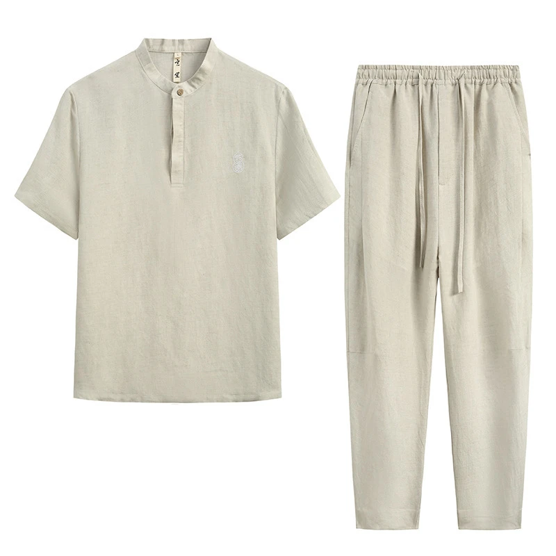 夏季新款唐装男潮亚麻套装宽松薄款短袖T恤男国潮如意刺绣上衣男