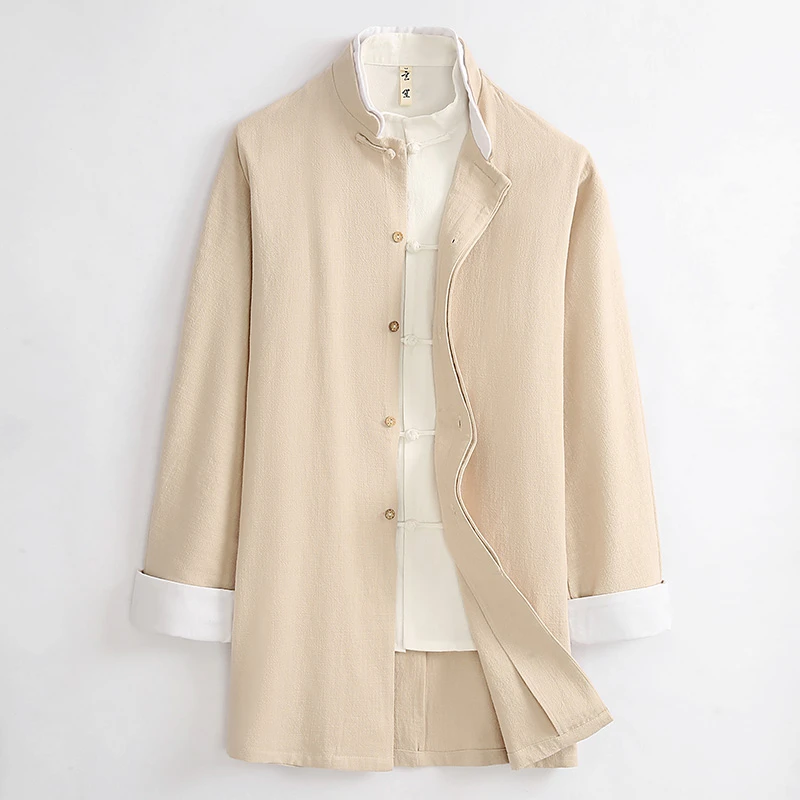 唐装中国风男装春秋户外休闲中长款古风外套棉麻男盘扣改良对襟衣