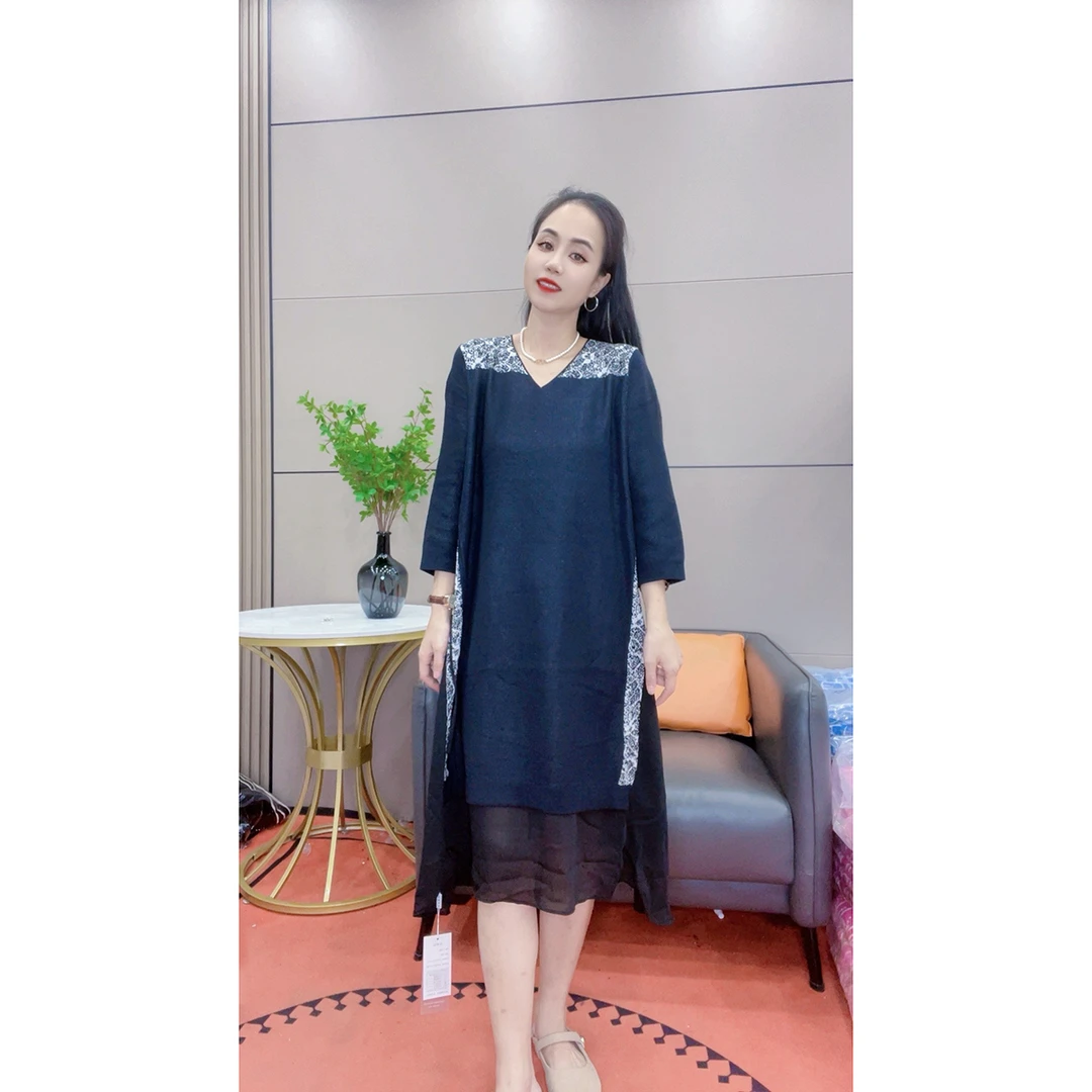 3339 大码女装提花九分袖女装连衣裙复古民族风中长裙