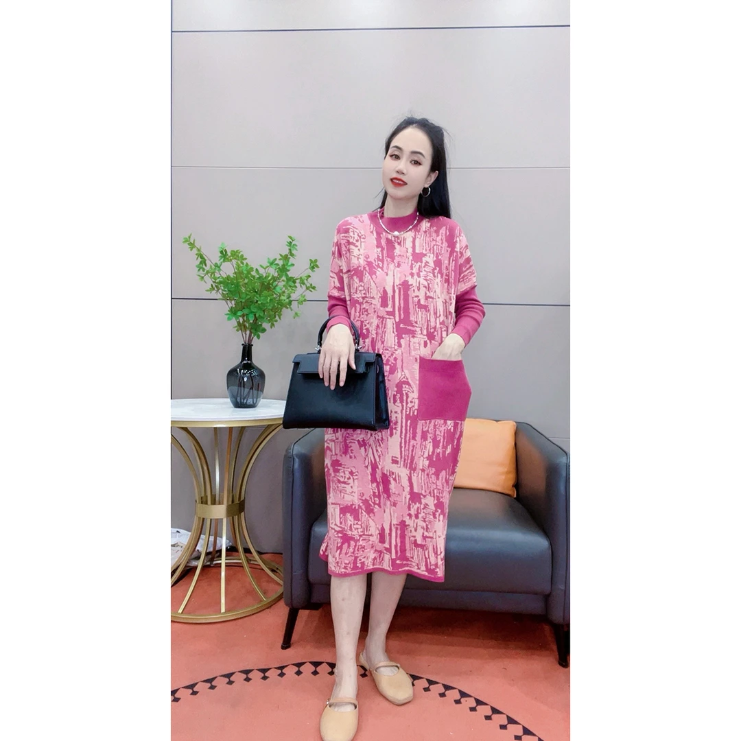 3451 大码女装提花长袖圆领连衣裙秋冬新款遮肉显瘦A字裙