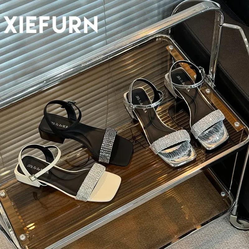 XIEFURN/鞋夫人2024夏季新款水钻一字带仙女风百搭露趾中跟凉鞋女