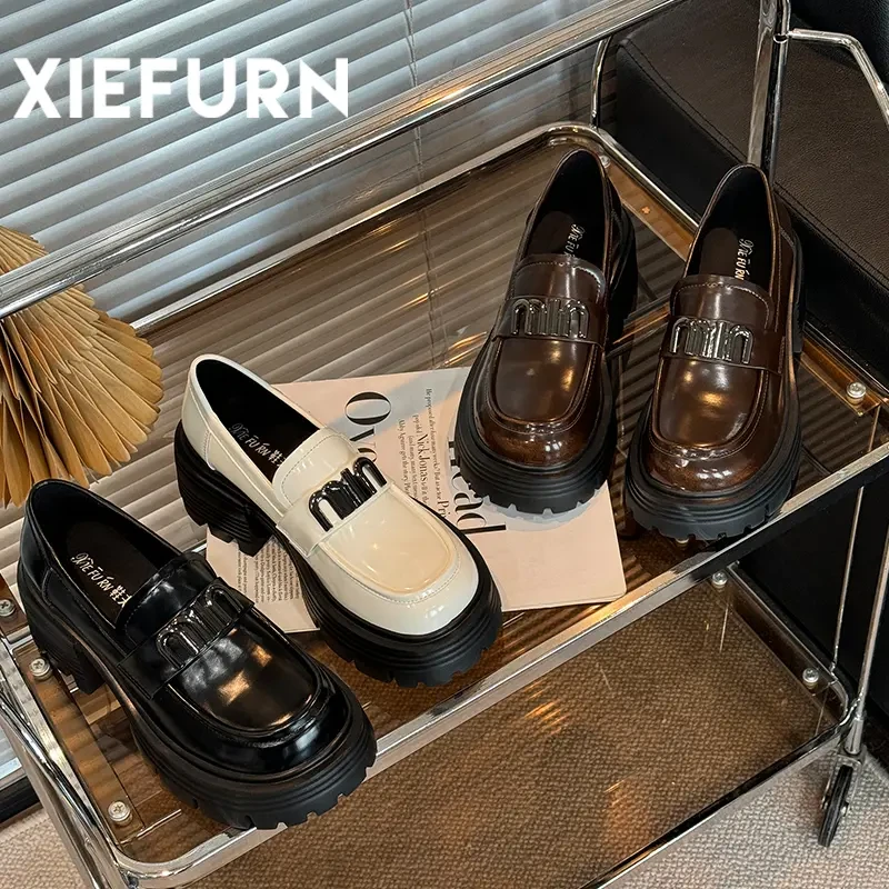 XIEFURN/鞋夫人女生学院鞋子时尚百搭黑色复古春季法式圆头乐福鞋