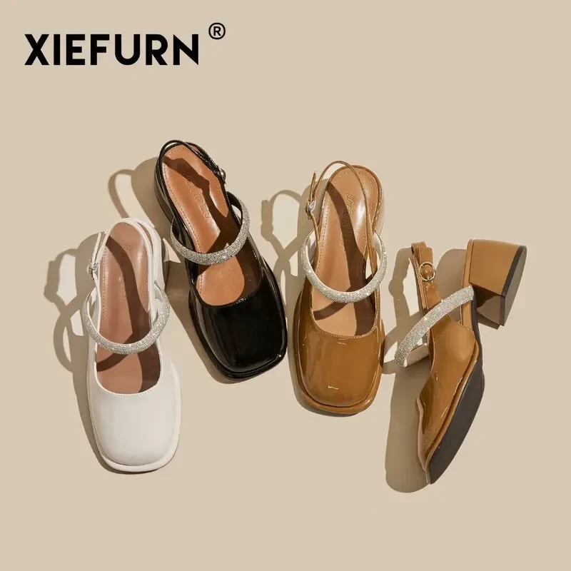 XIEFURN/鞋夫人方头水钻玛丽珍中跟凉鞋单鞋216-52仙女风法式低跟