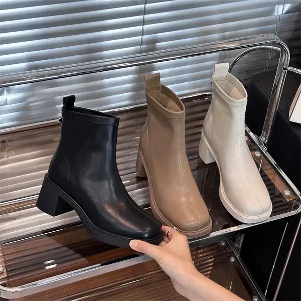 XIEFURN/鞋夫人百搭粗跟靴子女2023年春秋季法式英伦风中跟瘦瘦靴