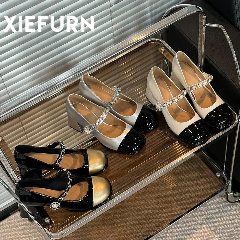 XIEFURN/鞋夫人女鞋2024新款小香风玛丽珍单鞋珍珠复古百搭粗跟鞋