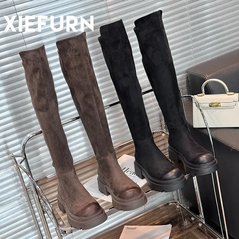 XIEFURN/鞋夫人秋冬小个子显瘦显腿长日常百搭粗跟厚底骑士弹力靴