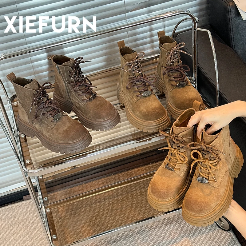 XIEFURN/鞋夫人复古绒面马丁靴女秋冬厚底保暖设计感学生短靴