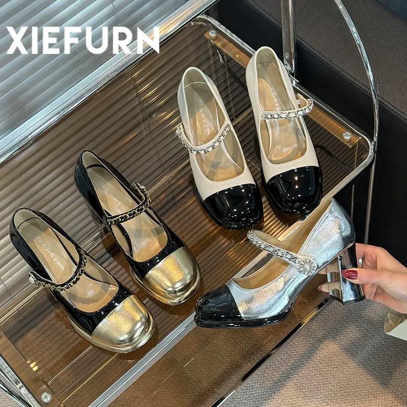 XIEFURN/鞋夫人2024年时尚复古法式玛丽珍鞋高跟珍珠扣带单鞋女