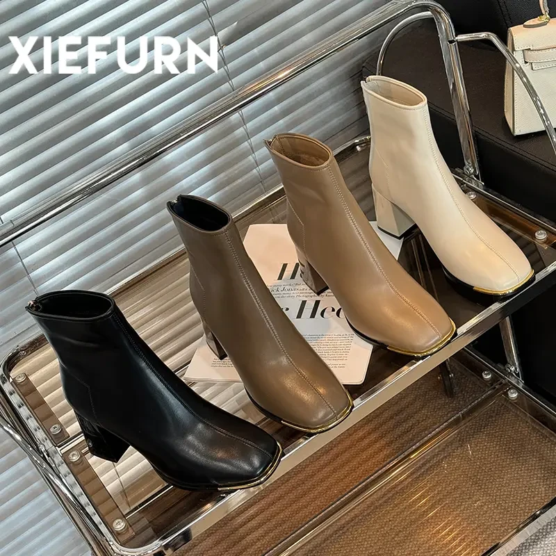 XIEFURN/鞋夫人法式时尚百搭高跟英伦风秋冬方头瘦瘦靴气质粗跟