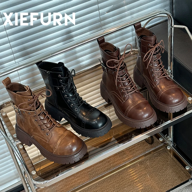 XIEFURN/鞋夫人2024秋季新款英伦风复古网红短靴女时尚百搭粗跟