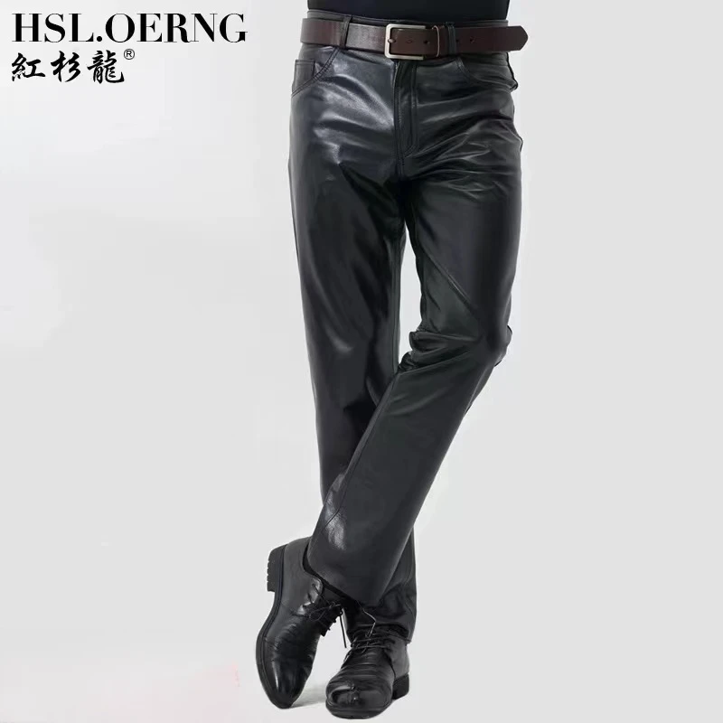 28005-1直筒裤大码加肥春季男士真皮牛皮直筒皮裤防风保暖皮裤子