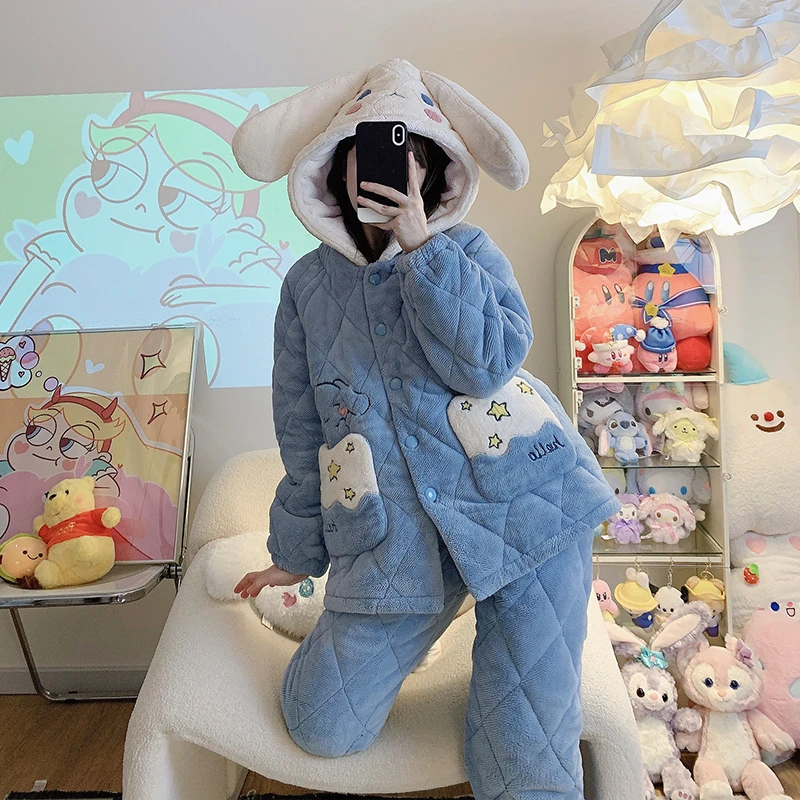 珊瑚绒加绒超厚睡衣女冬季天外穿三层夹棉袄秋冬款女士家居服套装