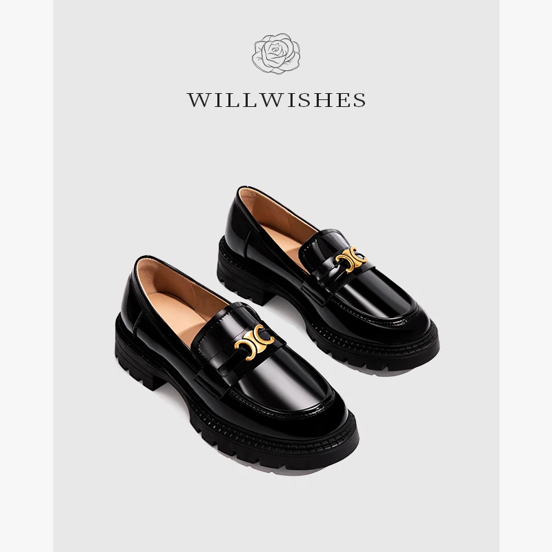WILLWISHES/王玎时尚英伦风黑色厚底鞋凯旋门小皮鞋女粗跟单鞋女