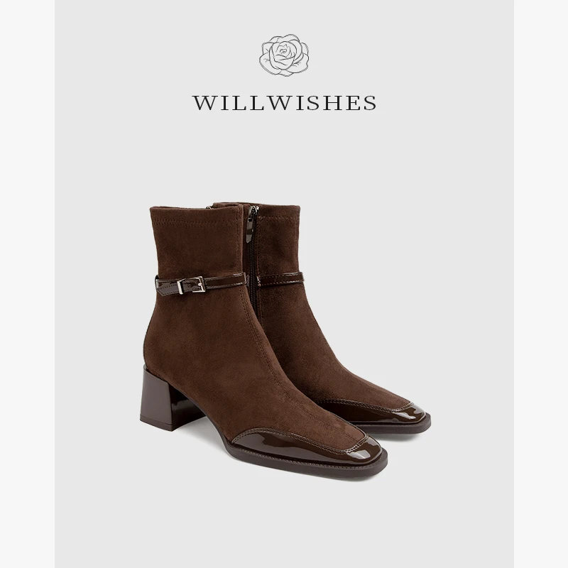 WILLWISHES 2024秋冬新款法式名媛风尖头短靴中跟弹力瘦瘦靴女