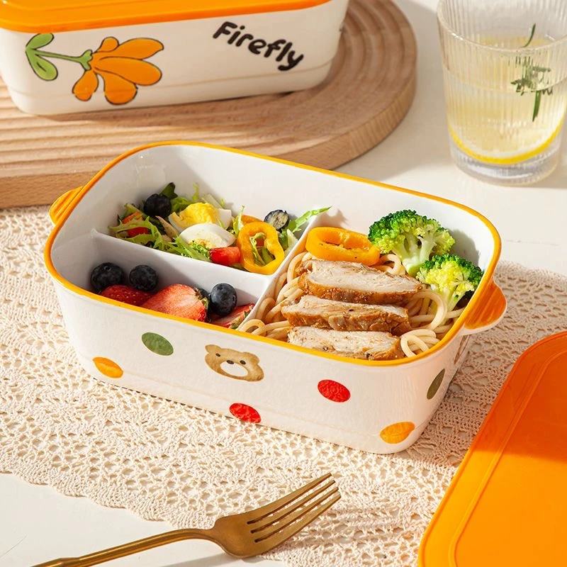 2024新款陶瓷饭盒分格上班族微波炉加热专用女高颜值三格便当餐盒