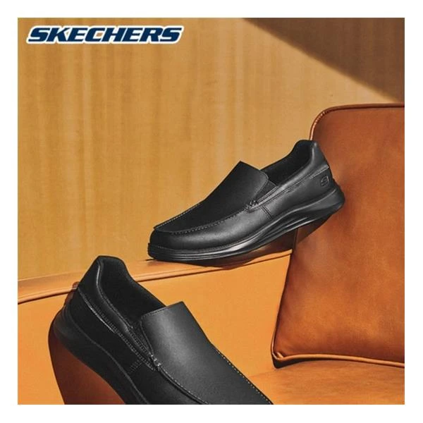 Skechers斯凱奇男鞋夏春季一脚蹬懒人休闲鞋商务全黑皮鞋8790007
