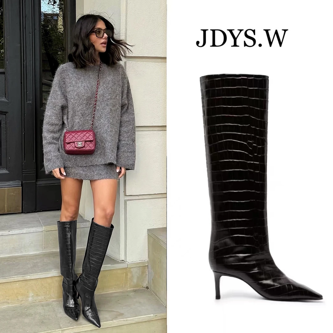【高货 自留款7cm 】经典鳄鱼纹尖头细跟高跟长靴直筒靴骑士靴
