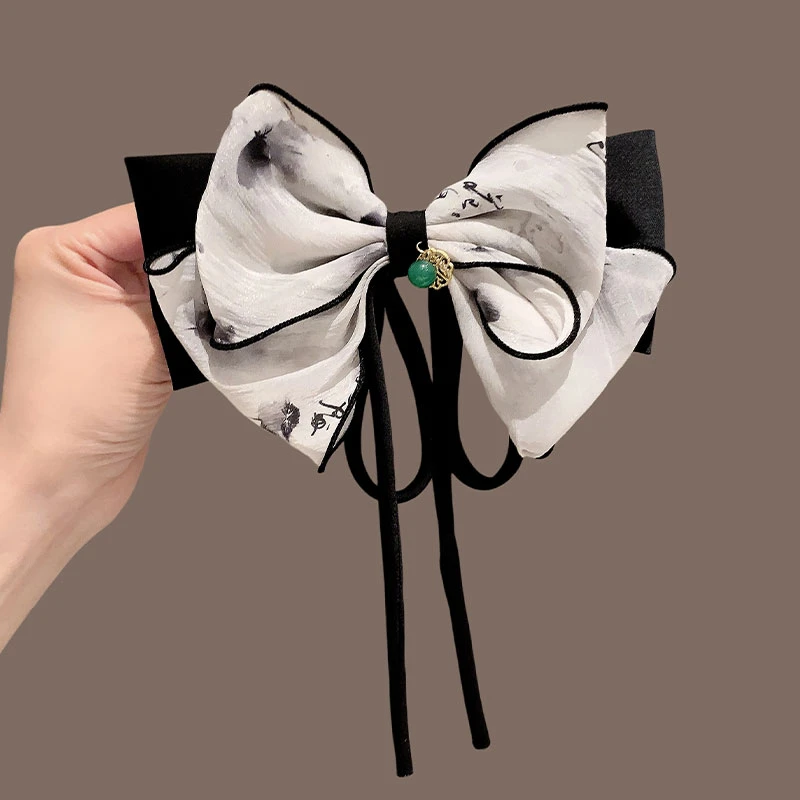 新中式国风蝴蝶结复古水墨画丹青飘带轻奢发饰弹簧夹顶夹古风头饰