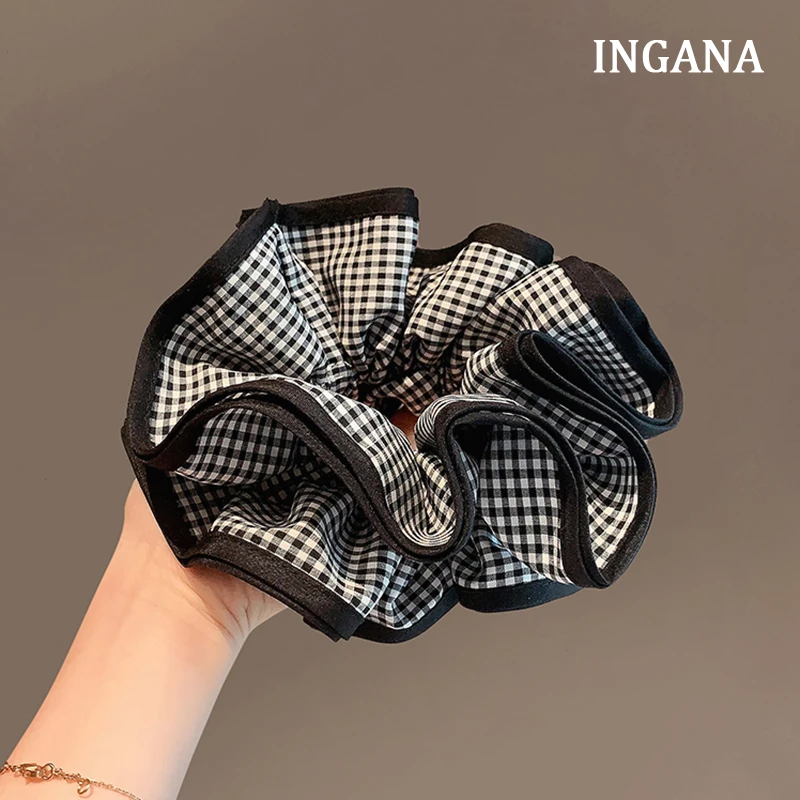 2024黑白格复古时尚大肥肠圈纹ins甜美褶皱花苞发圈头花发饰发绳