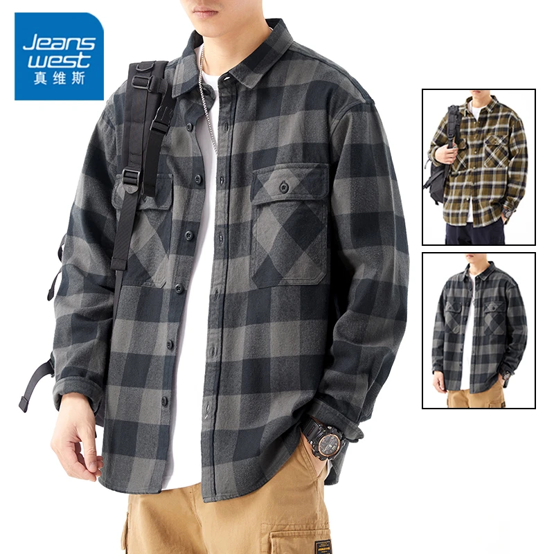 真维斯复古休闲外套男士2024春秋季新款日系格子衬衫长袖百搭衬衣