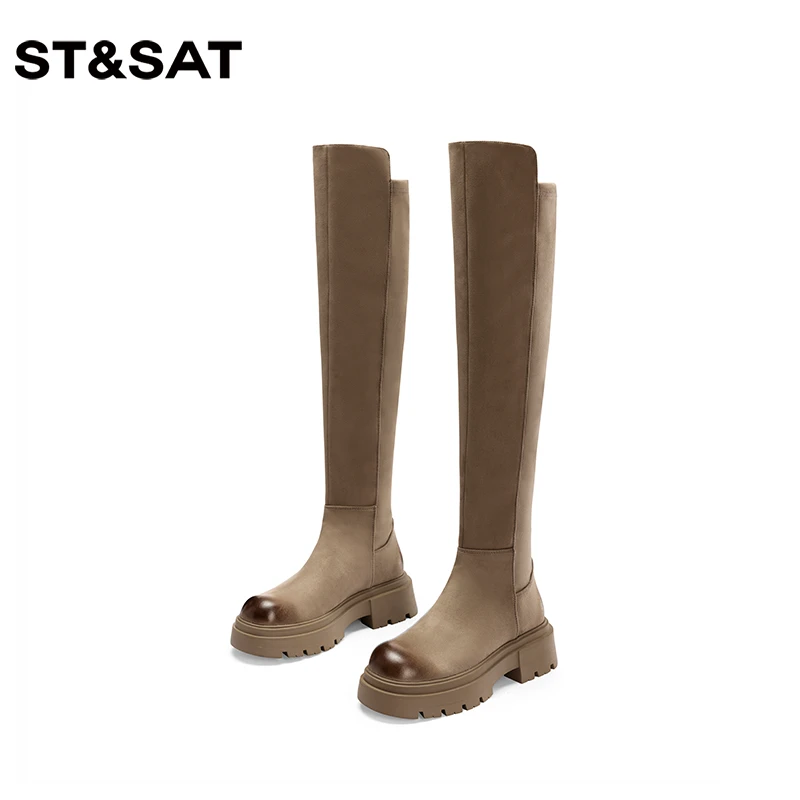 星期六厚底弹力靴女长靴秋冬季2025年新款长筒靴瘦瘦靴子绒面过膝