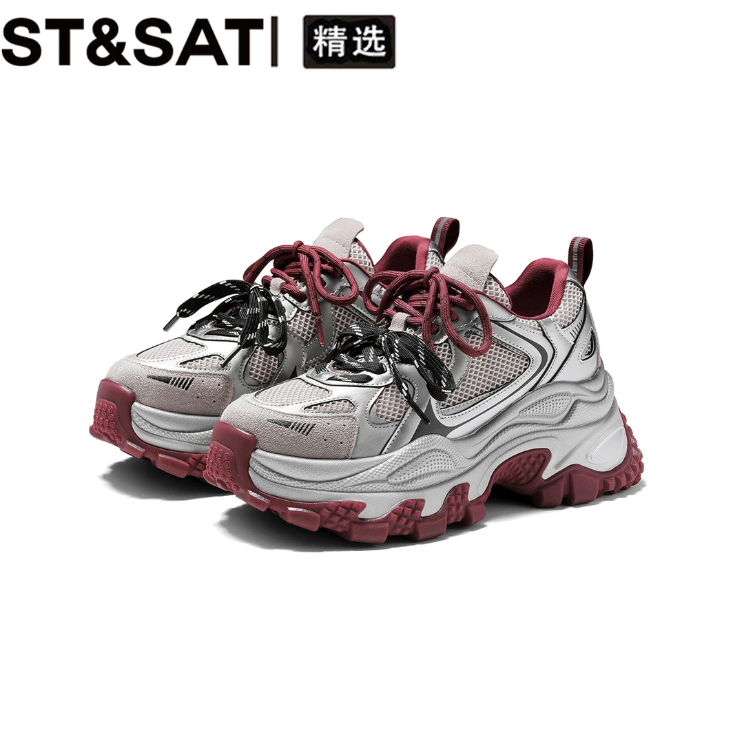 星期六安哥拉红休闲老爹鞋女2025冬季新爆款拼色双鞋带厚底运动鞋