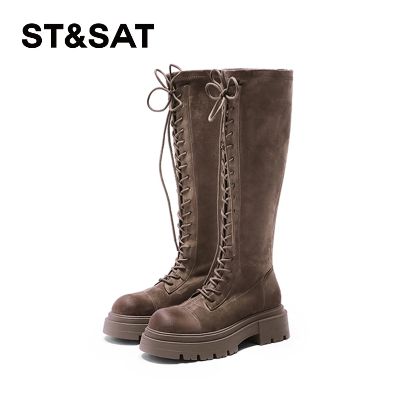 星期六厚底骑士靴女2025年冬季新款棕色复古美拉德加绒长靴不过膝