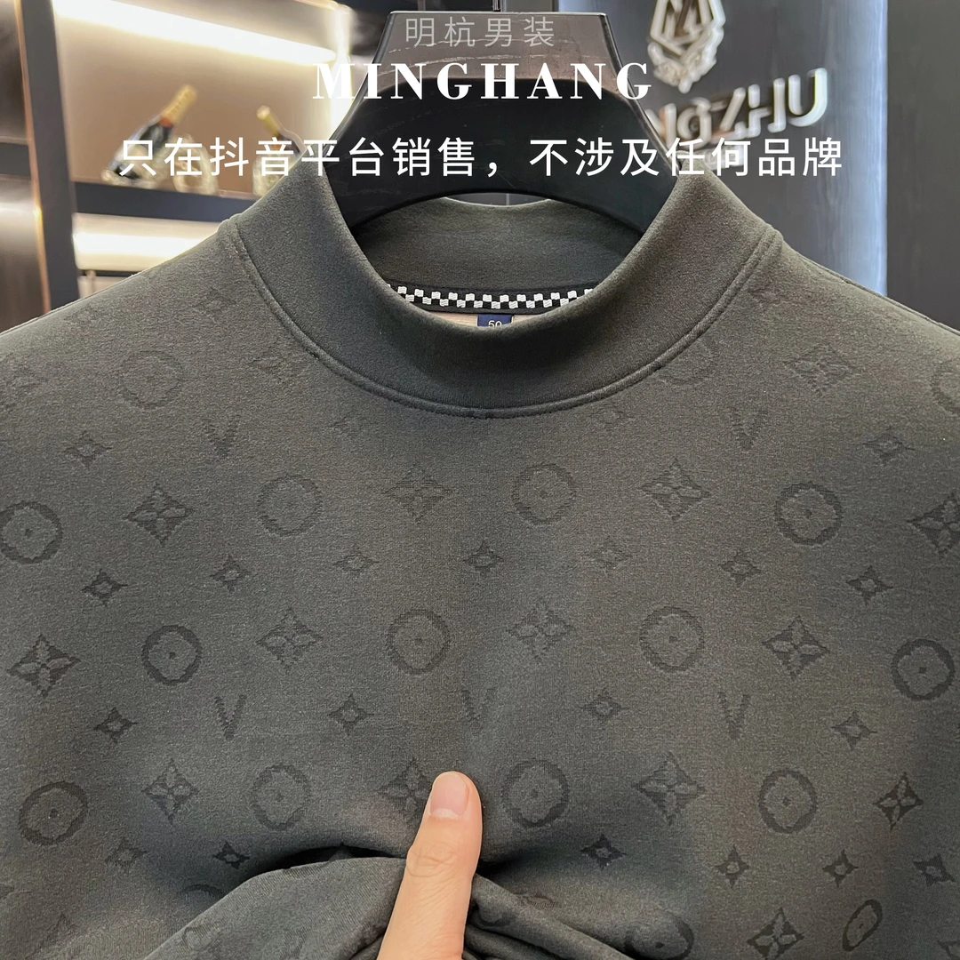 高级灰男士秋冬半高领百搭打底衫时尚潮流中领长袖保暖T恤
