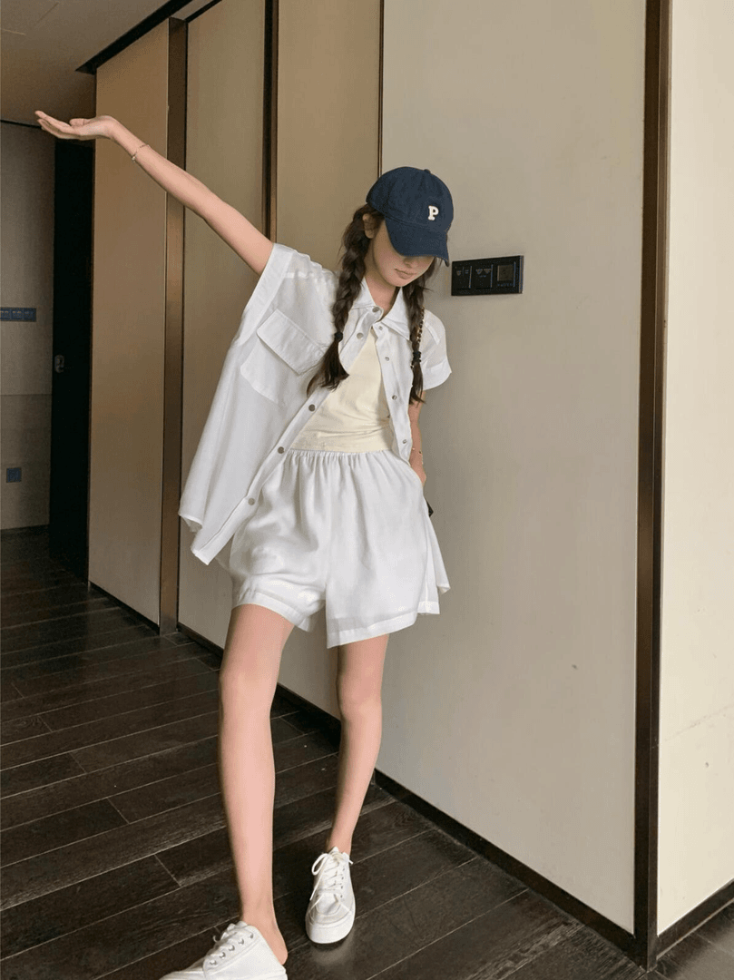 干练气质白色工装短裤套装女夏小个子盐系两件套小众不撞款甜酷