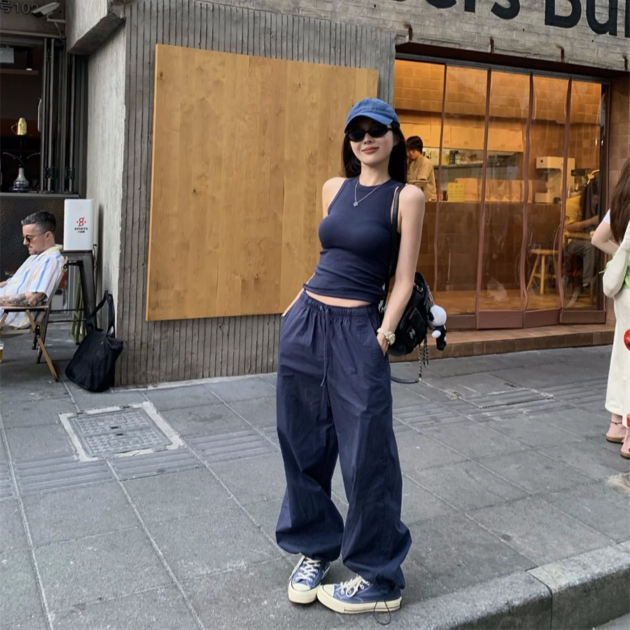 美式辣妹外穿吊带小背心女夏季2025新款高腰显瘦宽松直筒工装长裤