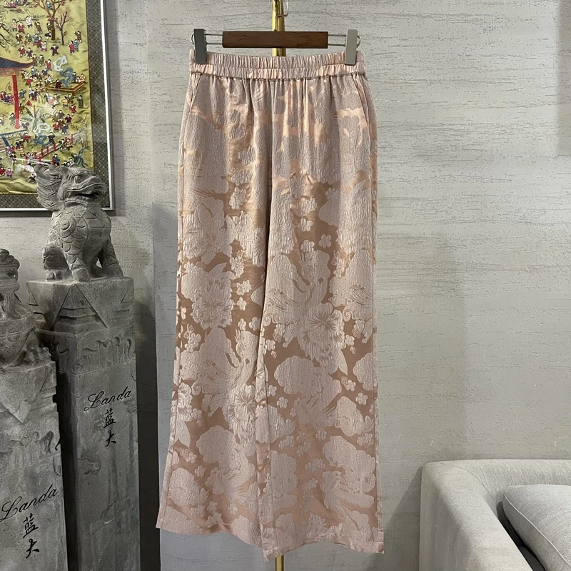 蓝大【落花香】桑蚕丝休闲提花百搭女士新中式蕾丝长裤裤子F9328