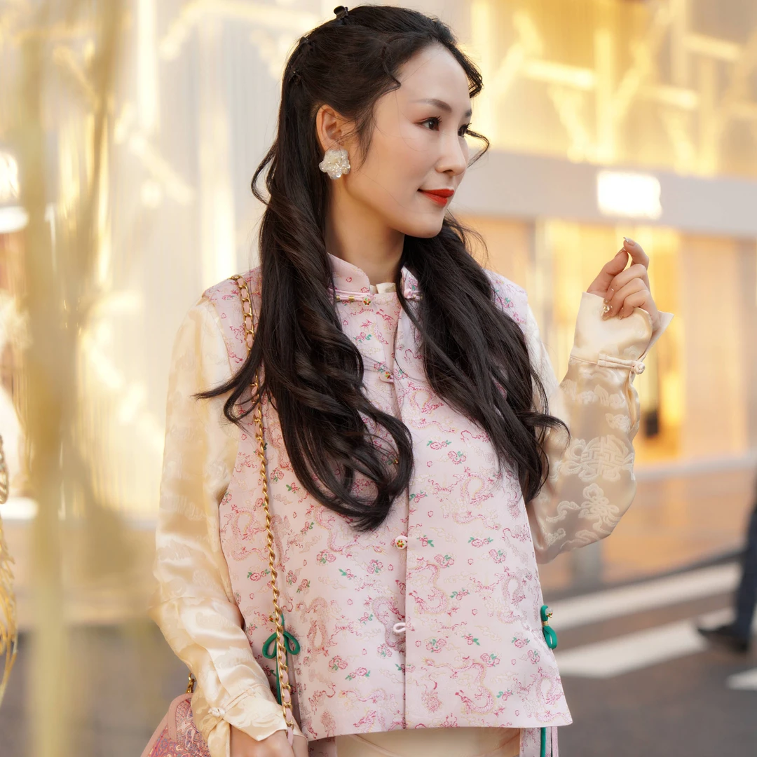 蓝大【碧水瑞】桑蚕丝中国风马甲碎花保暖日常提花立领民国风9769