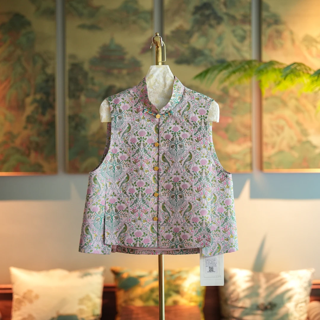 蓝大【月冥】桑蚕丝双层提花马甲双面碎花女士时尚中式无袖立领9955