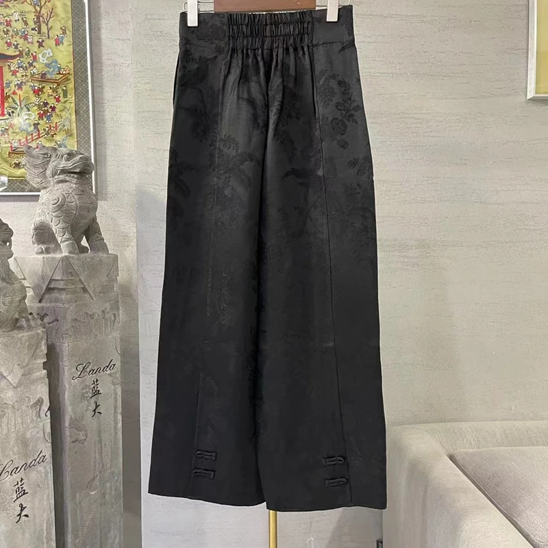 蓝大【落花影】气质黑色复古女士提花新中式休闲裤小脚裤9356网红