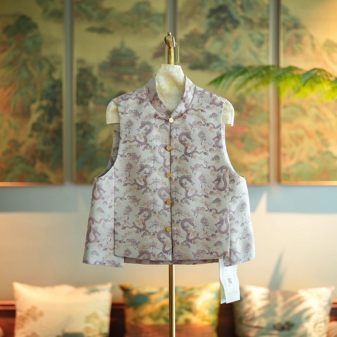 蓝大【惜玉】桑蚕丝复古马甲印花马夹立领碎花无袖双层花色9988时尚