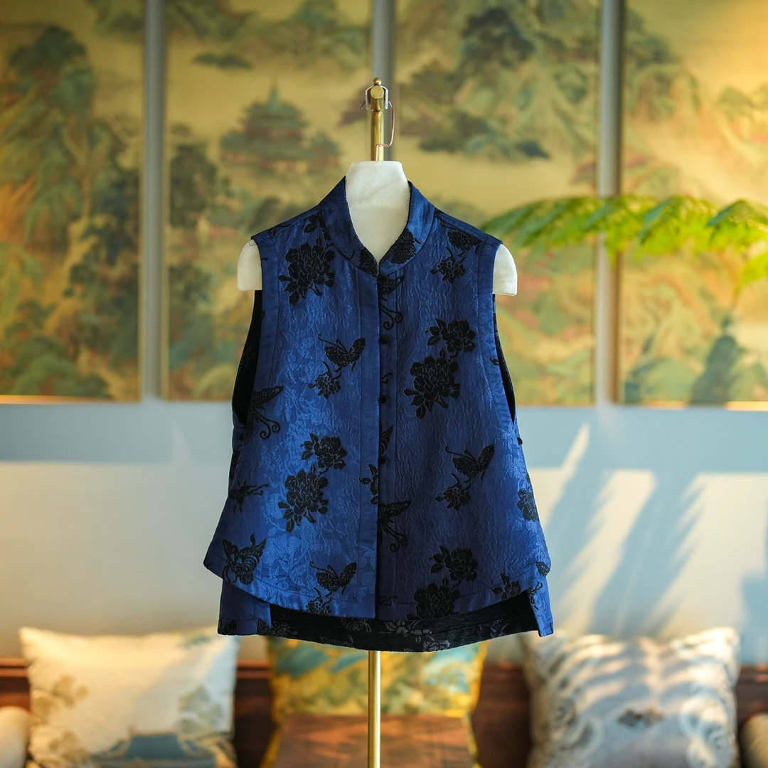 蓝大【蓝荏】桑蚕丝立领新中式马甲7170